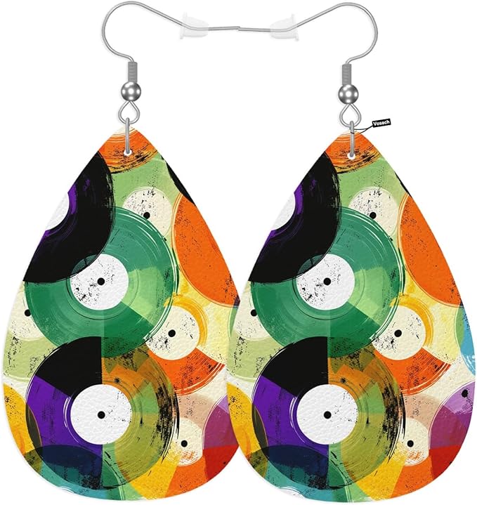 Earrings For Women Music, Retro Watercolor Colorful Music Record Graffiti Fashion Leather Teardrop Earrings Lightweight Earrings For Women Friends Bridal