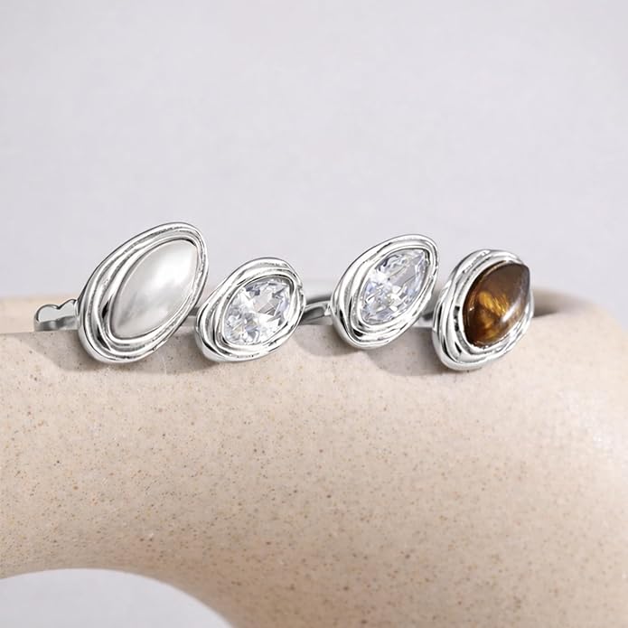 Mchic Adjustable Chunky Rings for Women: Dainty Natural Gemstone Ring Stainless Steel 18K Gold/Silver Plated Band Rings Non Tarnish Waterproof Statement Fashion Jewelry Gift for Women