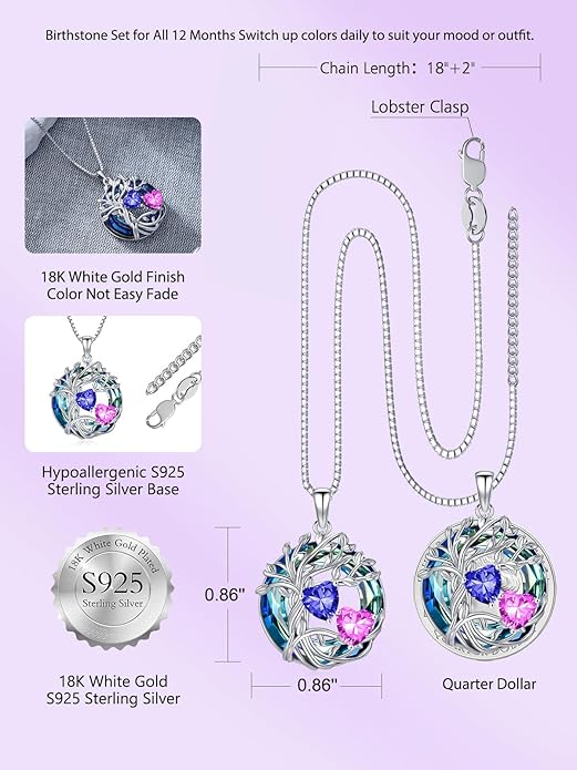 TOUPOP s925 Sterling Silver Family Celtic Tree of Life Pendant Necklaces with 2 Heart Birthstone with Blue Austrian Crystal Jewelry Birthday Valentines Day Gifts for Her, Anniversary Christmas Gifts for Wife Girlfriend Mom (18K Real White Gold Filled)