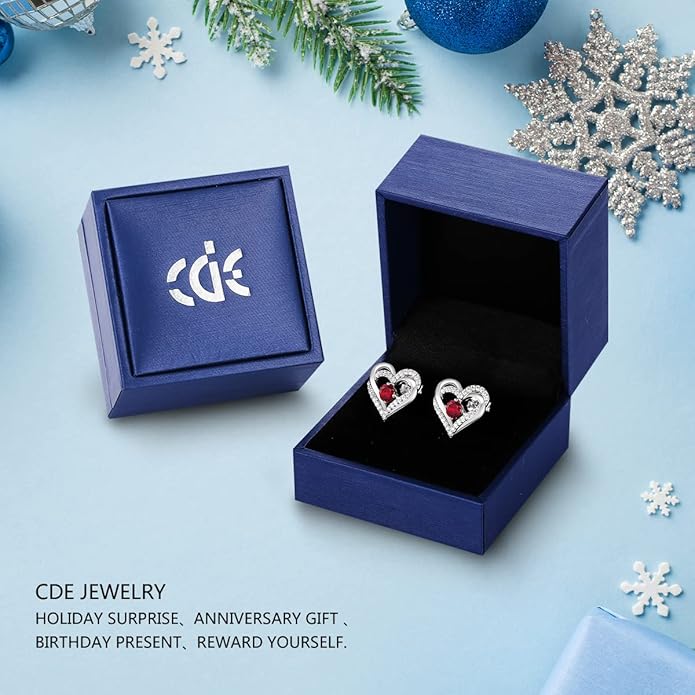 CDE Forever Love Heart Stud Earrings for Women, 925 Sterling Silver Birthstone Heart Stud Earrings Christmas Day Mother's Day Gift Anniversary Birthday Jewelry Gifts for Women Wife Her