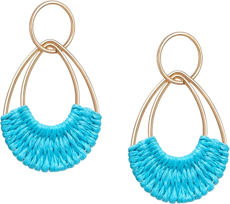 Raffia Hoop Earrings for Women Fun Boho Summer Beach Earrings Lightweight Handmade Straw Wicker Rattan Dangle Earrings Statement Geometric Round Drop Earrings