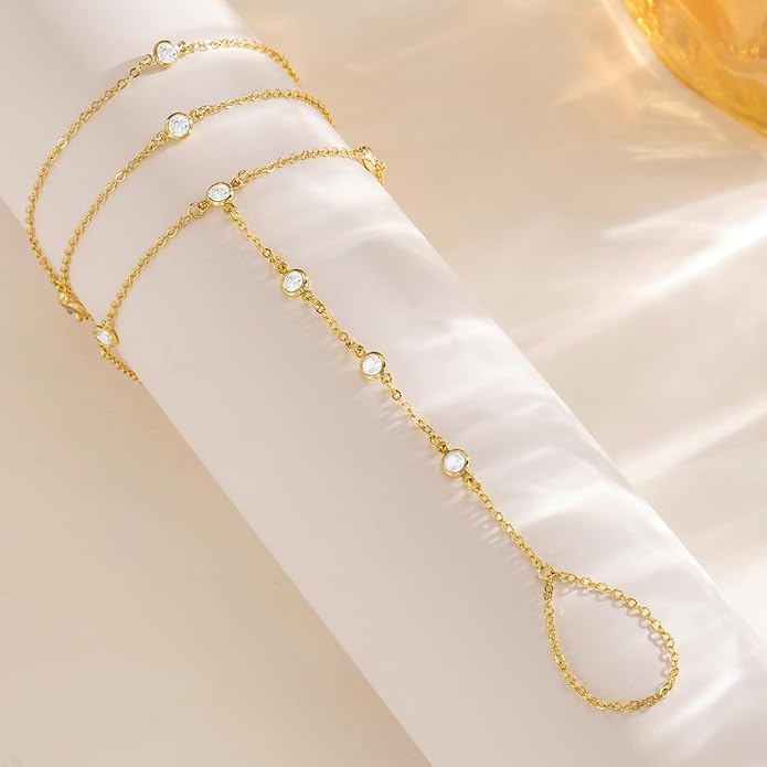 CHESKY 14K Gold Plated Hand Chain Bracelets for Women Set - Dainty Finger Ring Bracelet Stack Adjustable Hand Chains Durable Beaded Bracelets Trendy Simple Body Jewelry Gift for Women