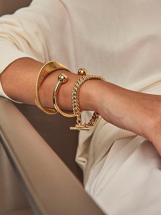 PERNNLA PEARL Dainty Gold Bar Bracelet for Women Simple Delicate Thin Cuff Bangle Hook Bracelet 18K Gold Plated Handmade Minimalist Jewelry