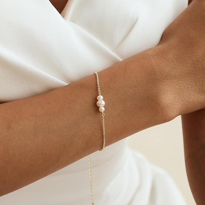 SLOONG Valentines Day Gifts for Her Gold Pearl Bracelets, 18K Real Gold Plated Dainty Stackable Snake Chain CZ Heart Pendant Bracelets, Layered Waterproof Jewelry Gift for Women Adjustable 6"+2"