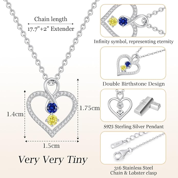 LOUISA SECRET Infinity Double Birthstone Necklace, 925 Sterling Silver Tiny Pendant Heart Necklace for Women Wife Her, Best Jewelry Gift Heart Jewelry Meaningful Gift for Valentine's Day, Christmas, Birthday Anniversary