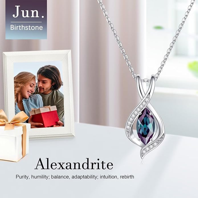 Iefil Valentines Day Gifts for Her, 925 Sterling Silver Marquise Birthstone Necklace Birthday Gifts Dainty Necklaces Birthstone Jewelry for Wife Daughter, 19"+2" Inches