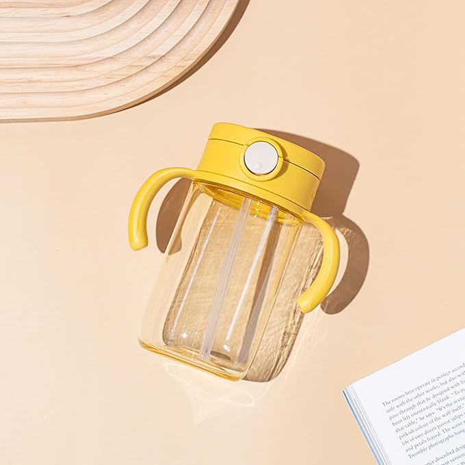 Richell On-the-Go Sippy Cup with Silicone Straw and Removable Handles, 10 oz, Easy Grip for Infant-Toddlers Lemon