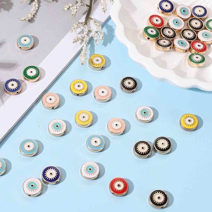 MECCANIXITY 20 Pcs Flat Round Evil Eye Beads Colorful Flat Loose Spacer Evil Eye Charms for DIY Bracelet Earrings Necklace Crafts Jewelry Making, White