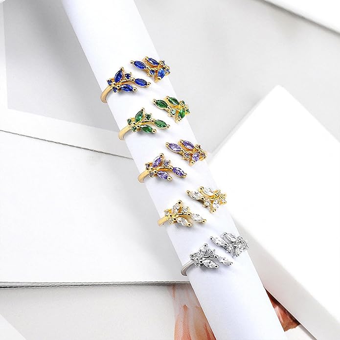 Gold Rings Non Tarnish Silver Adjustable Rings for Women Cubic Zirconia Leaf Ring Dainty Silver Stackable Ring for Women