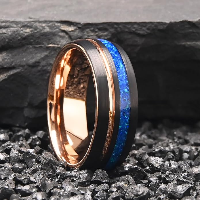 Tungsten Carbide Rings for Men Women 8mm Men's Engagement Wedding Bands Rose Golden Grooved Inlaid Blue Opal Matte Brushed