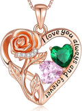 925 Sterling Silver Double Birthstone Rose Flower Heart Jewelry Necklaces for Women Anniversary Love Forever Necklaces for Her Birthday Gifts for Wife Girlfriend Mom Mothers Day Rose Gold