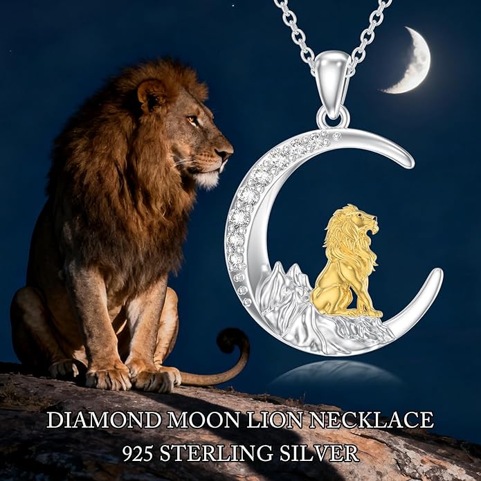 Diamond Lion Necklace for Women 925 Sterling Silver Lion on Moon Pendant Jewelry Gifts