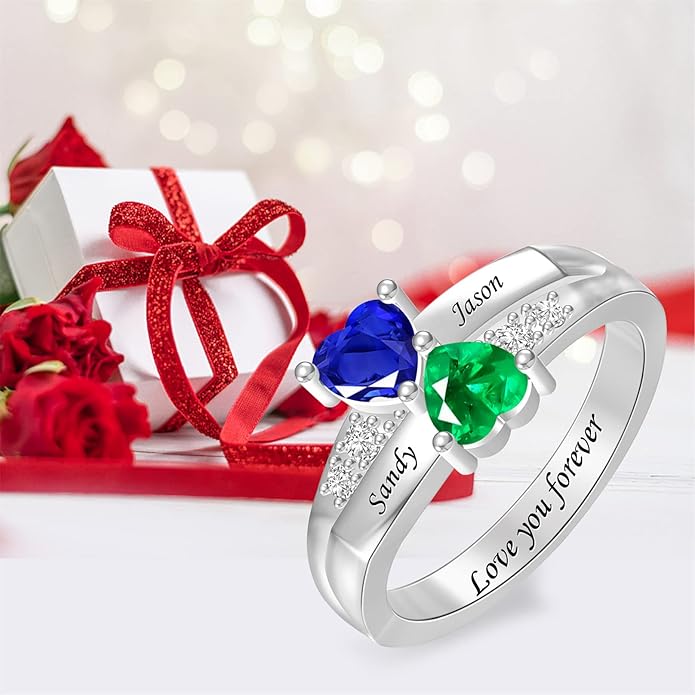 Personalized Heart Birthstone Rings for Women with 2 Birthstones Custom Name Rings for Couple Mother Daughter Jewelry Gift for Mother Her Christmas