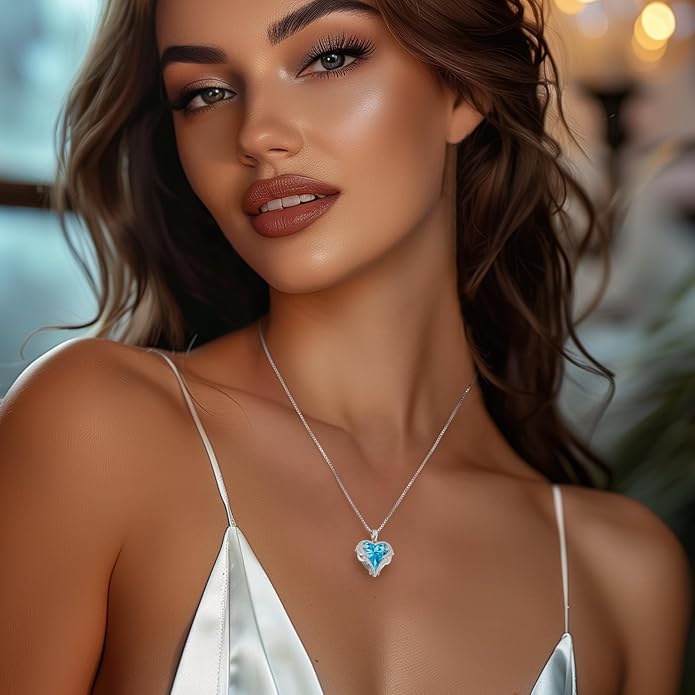 CDE Valentines Day Gifts for Women Angel Wings Necklace for Women with Birthstone, Love Heart Silver Tone/Gold Tone Pendant, Ideal Anniversary or Birthday Jewelry Gifts for Wife Girlfriend Her