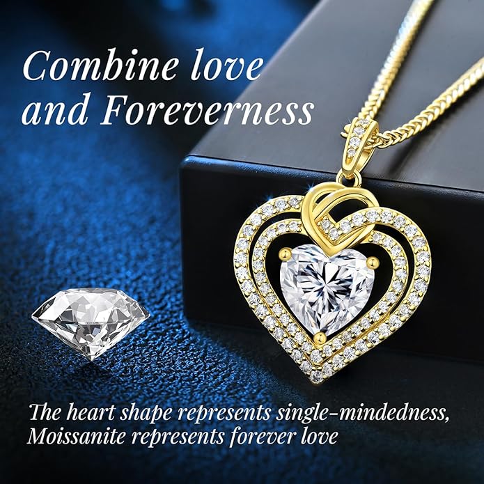 OOBEE Valentines Day Gift Moissanite Heart Necklaces for Women, 1- 4 Carat Moissanite 925 Sterling Silver 14K Gold Plated Pendant Necklace, Ideal Anniversary Birthday Christmas Mothers Day Jewelry Gifts for Mom Wife Her Girlfriend Daughter