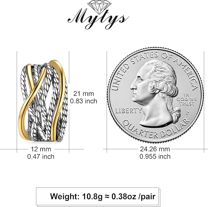 Mytys Two Tone Huggie Hoop Earrings Cross Over Design Twisted Rope Silver Gold Statement Wide Band Clip On Hoops for Women Fashion Jewelry Gift