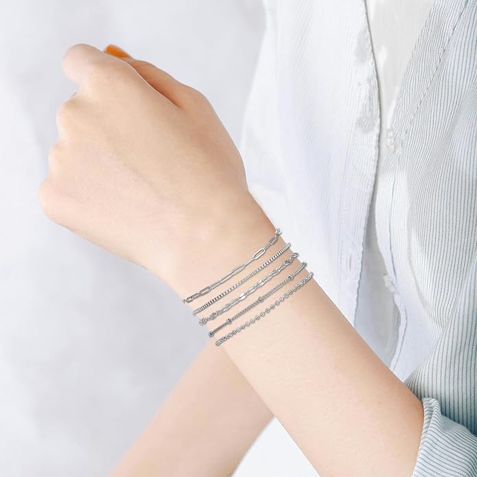 Silver and Gold Bracelets for Women Non Tarnish Waterproof Gold bracelet stack set, Adjustable 6.5"+2" Extender, Layered Bracelets for Women，Exquisite Jewelry Gift
