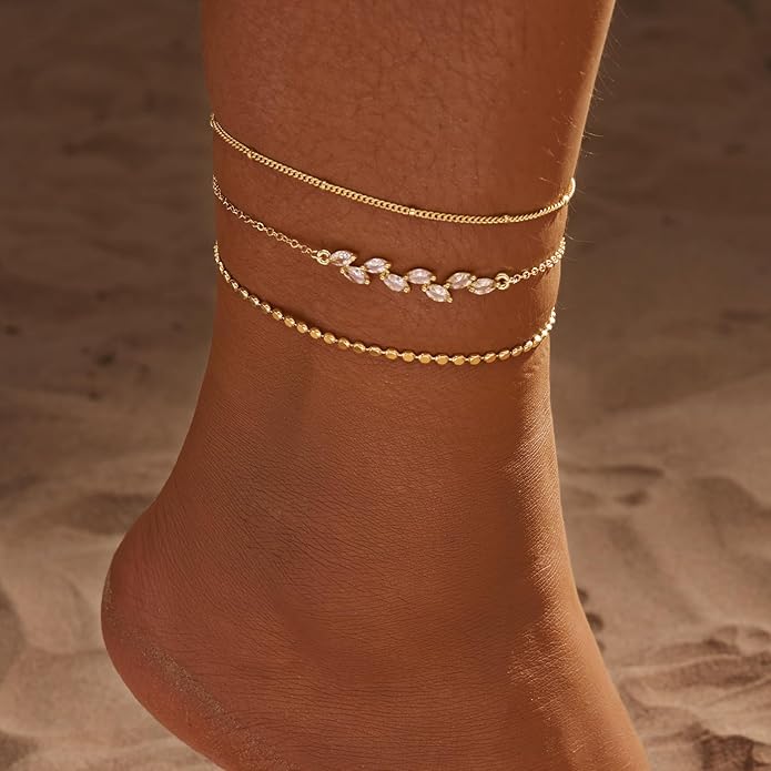 MIDEEO Gold/Silver Ankle Bracelets for Women,14K Gold Anklets for Women Waterproof Cuban Link Heart Beads Herringbone Rhinestone Anklets Set Layered Anklet Bracelets for Women Gold Jewelry Gift