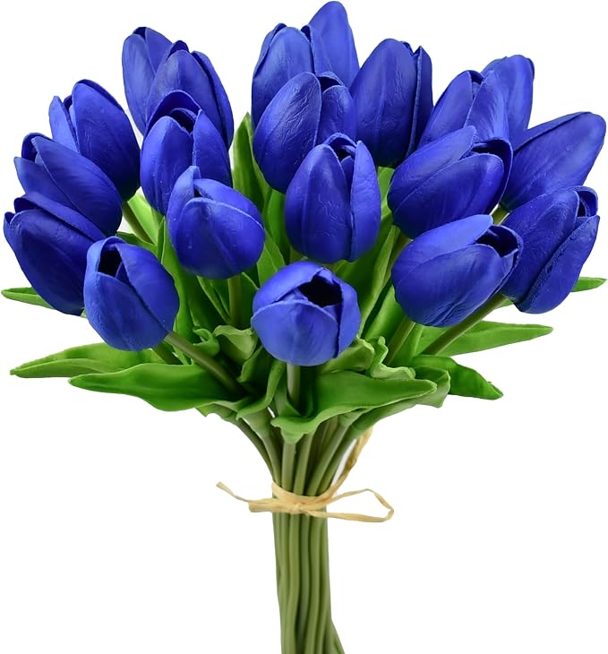 Mandy's 20pcs Artificial Royal Blue Tulips | 13.5 Inch Lifelike PU Tulips Faux by Mandys