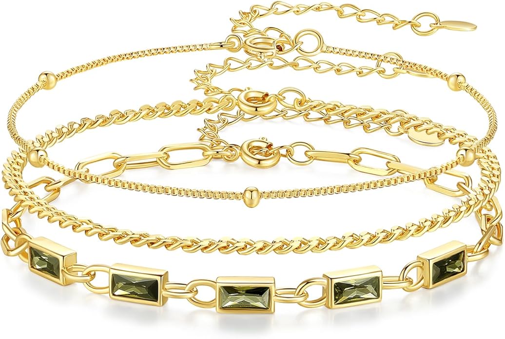 Gold Birthstone Bracelet for Women, 18K Gold Plated Layered Jewelry Bracelet Set, Womens Dainty Stackable Bracelets Link Paperclip Chain Valentines Day Gift for Wife Her