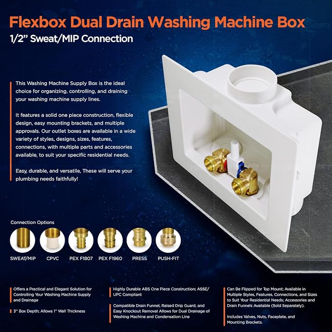 Highcraft Washing Machine Outlet Box Dual Drain, 1/2" Sweat/MIP Connection - Image 5