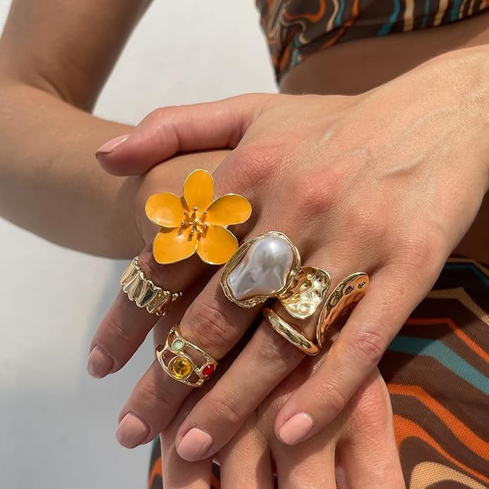 CJIAYUJEW Chunky Gold Flower Rings Pearl Stacking Statement Rings for Women Silver Chunky Knuckle Ring Set Adjustable Pearl Finger Ring Sets