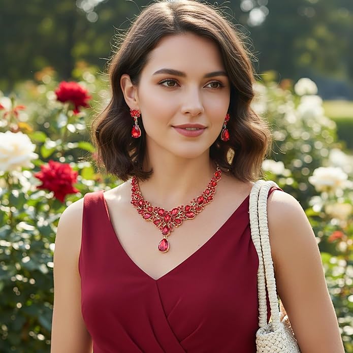 Hicarer Bridal Teardrop Cluster Crystal Jewelry Set for Women Necklace Earrings Wedding