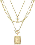 MJartoria Layered Initial Necklaces for Women Trendy, 14K Gold Plated Brass Simple Star Choker Square Letter Pendant Necklace, Paperclip Chain Necklaces Jewelry Gifts