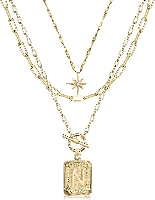 MJartoria Layered Initial Necklaces for Women Trendy, 14K Gold Plated Brass Simple Star Choker Square Letter Pendant Necklace, Paperclip Chain Necklaces Jewelry Gifts