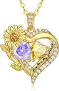 Sunflower Heart Necklace for Women 14K Gold Exquisite Valentines Day Anniversary Birthday Gifts for Wife Mother Her Double Birthstone Pendant Jewelry‘You Are My Sunshine’