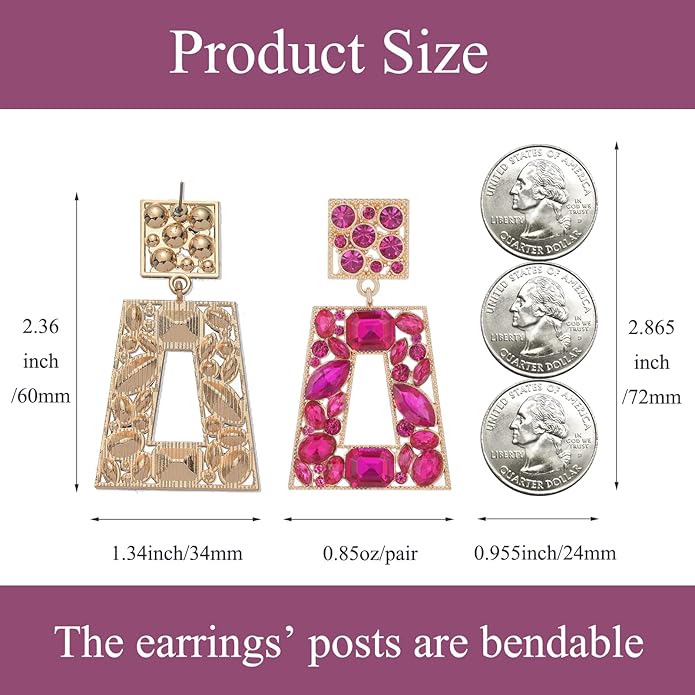 Rhinestone Rectangle Statement Earrings Colorful Crystal Geometric Drop Dangle Earrings for Women Prom Party