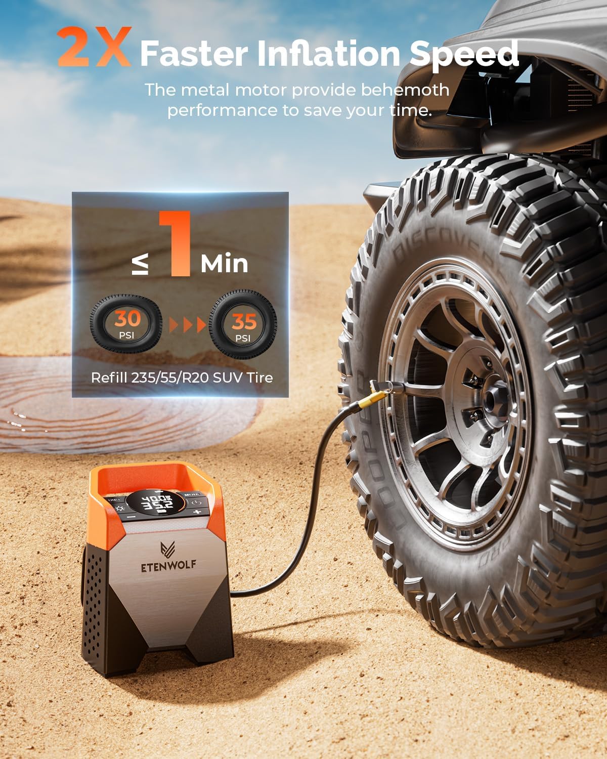 ETENWOLF Zephyr S5 Heavy-Duty Tire Inflator Portable Air Compressor, 160PSI &15600mAh Cordless Air Pump with LED Light for Car Tires, Bike, Motorcycle, Balls, Pickups (Vivid Orange)