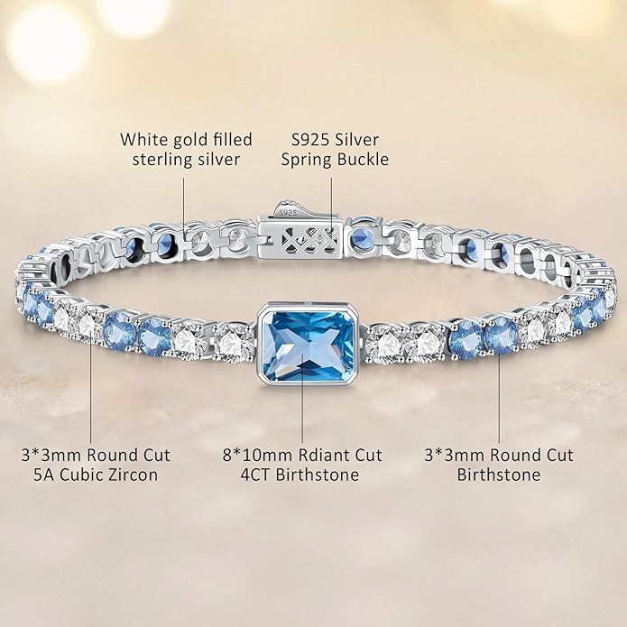 Birthstone Bracelets for Women Birthday Gifts 4CT Radiant Cut Birthstone 4mm Sterling Silver White Gold Tennis Bracelets for Women Round Cut 5A Cubic Zirconia Bezel Setting 7 Inch