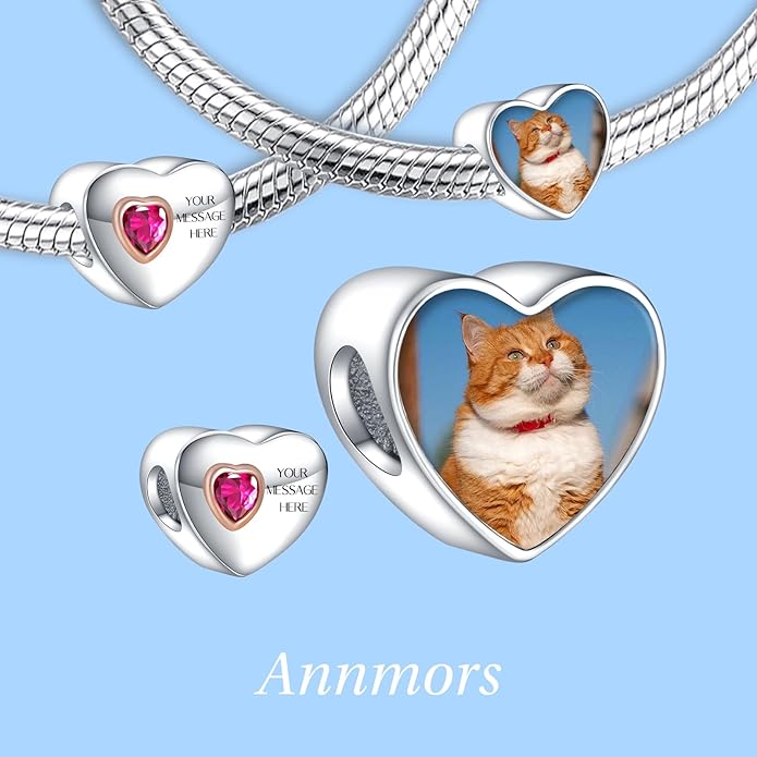 Annmors Personalized Photo Charm for Bracelet Necklaces,925 Sterling Silver Charm Love Heart Shaped Engraved Customize Picture Gift for Birthday Mother's Day Christmas,Bead Charms Jewelry for Women