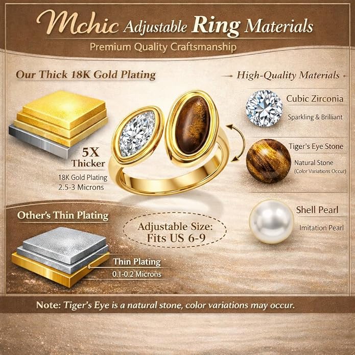 Mchic Adjustable Chunky Rings for Women: Dainty Natural Gemstone Ring Stainless Steel 18K Gold/Silver Plated Band Rings Non Tarnish Waterproof Statement Fashion Jewelry Gift for Women
