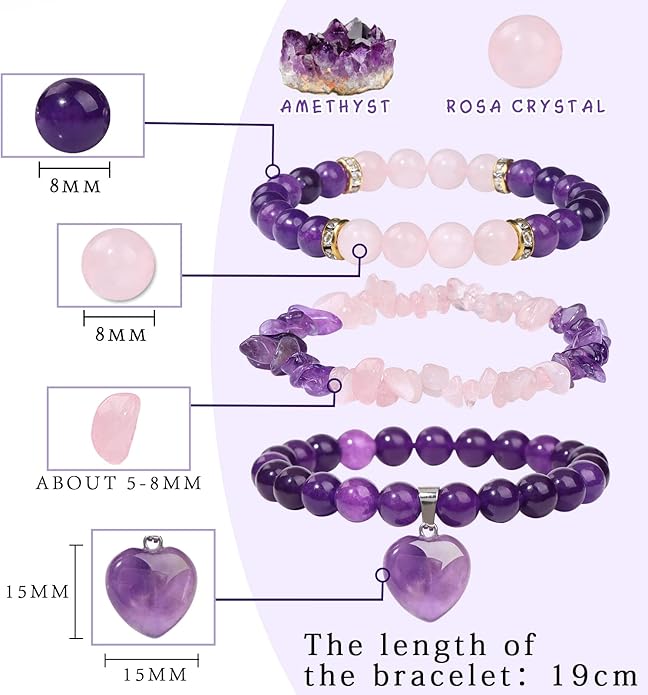 Healing Crystal Beaded Bracelets for Women,Natural Amethyst Gemstones Bracelet,Anxiety Stress Relief Heart Charm Bracelet Handmade purple Jewelry Gifts for Women