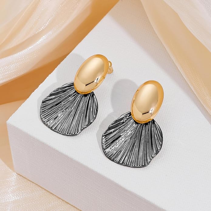Gold Plated Earrings Dangle Chunky Fan-shaped Earrings Shell Earring for Women Two-Tone Fashion Statement Jewelry
