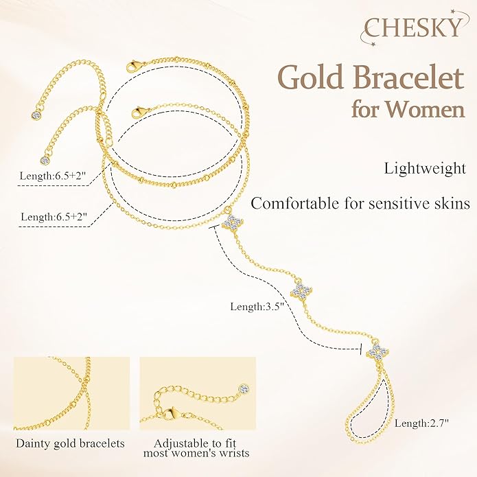 CHESKY 14K Gold Plated Hand Chain Bracelets for Women Set - Dainty Finger Ring Bracelet Stack Adjustable Hand Chains Durable Beaded Bracelets Trendy Simple Body Jewelry Gift for Women