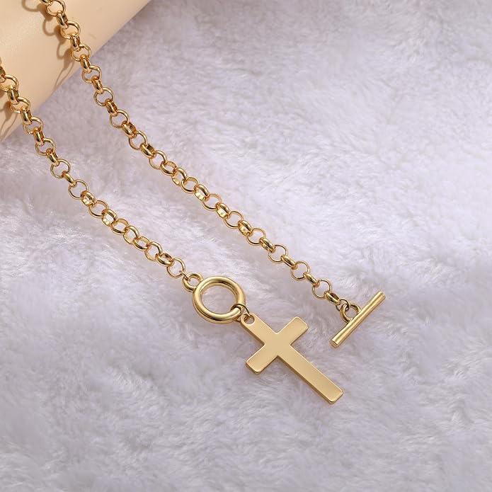 Layered Pearl Chain Necklace for Women, 14K Gold Plated Pearl Link Toggle Clasp Necklace, Dainty Trendy Layered Choker Chunky Jewelry Fashion Gift for Women