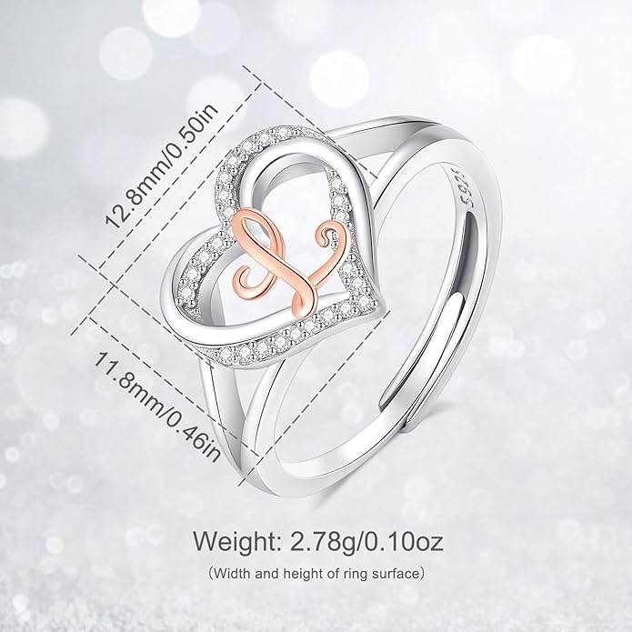 INFUSEU 925 Sterling Silver Initial Heart Ring for Women Girls, Adjustable Size