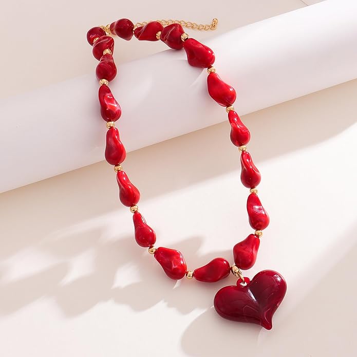 Large Acrylic Heart Necklaces for Women Chunky Puffy Heart Pendant Necklace Exaggerated Statement Love Beaded Choker Necklace Jewelry