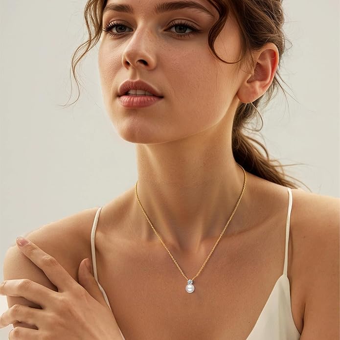 SUNFEEL 925 Sterling Silver Pearl Necklaces for women 14K Gold Plated 5A CZ 10MM/12MM Single Pearl Pendant Necklace Gifts for Her Mom Wife Girlfriend Engagement Wedding Birdal Christmas Trendy Jewelry