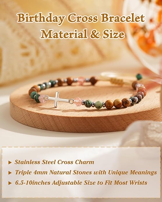 Cross Bracelet for Girls 10 13 16 Year Old Birthday Gifts, Natural Stone Adjustable Christian Jewelry with Inspirational Card for Daughter Granddaughter Niece