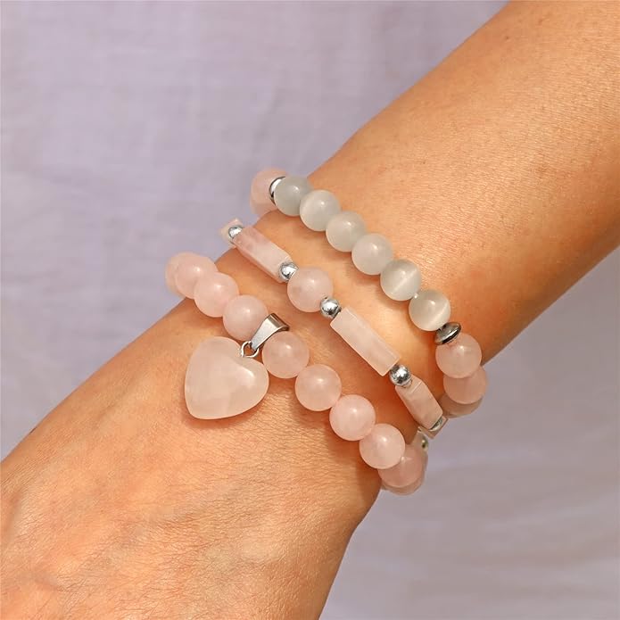 Healing Crystal Beaded Bracelets for Women,Natural Amethyst Gemstones Bracelet,Anxiety Stress Relief Heart Charm Bracelet Handmade purple Jewelry Gifts for Women