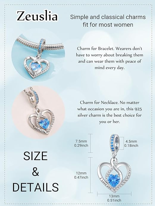 Heart Birthstone Charms for Bracelets, 925 Sterling Silver Women Bead Charms for Charm Bracelets Necklace, Mother's Day Birthday Anniversary Jewelry Gifts for Wife Mom Grandma Daughter