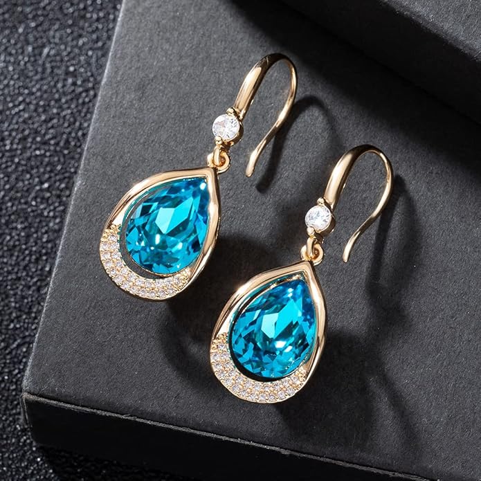 Austrian Crystal Halo Teardrop Hollow Drop Dangle Earrings for Women 14K Rose Gold Plated Hypoallergenic Jewelry Gifts