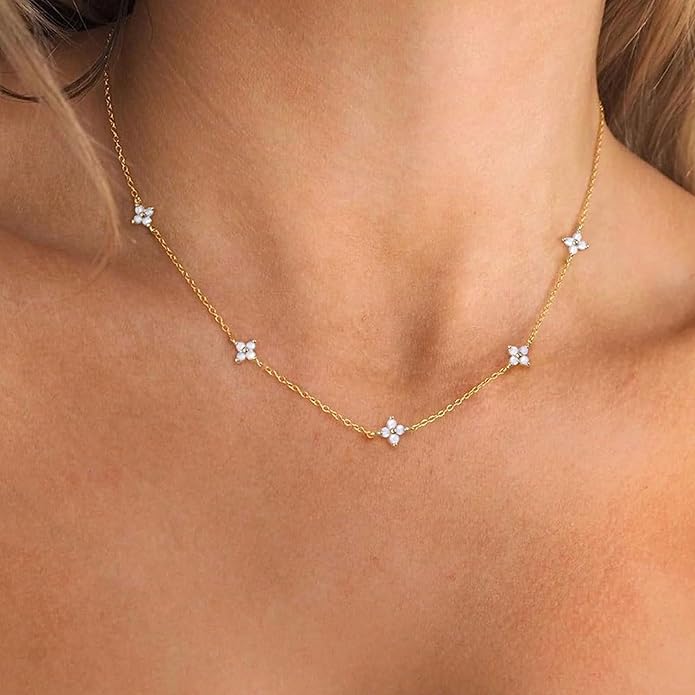 VRIUA Necklaces for Women - 14K Gold/Silver Plated Dainty Chain Necklace with Five Charms: Diamond, Bow, Snowflake, Cross, Flower, Clover, Butterfly, Heart, Star of David, and Star Trendy Jewelry