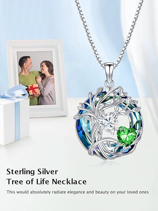 TOUPOP s925 Sterling Silver Family Celtic Tree of Life Pendant Necklaces with 2 Heart Birthstone with Blue Austrian Crystal Jewelry Birthday Valentines Day Gifts for Her, Anniversary Christmas Gifts for Wife Girlfriend Mom (18K Real White Gold Filled)