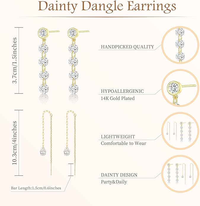 Dangle Earrings For Women Trendy 14K Gold Plated Drop Silver Long Dangling Dainty CZ Simple Hanging Jewelry