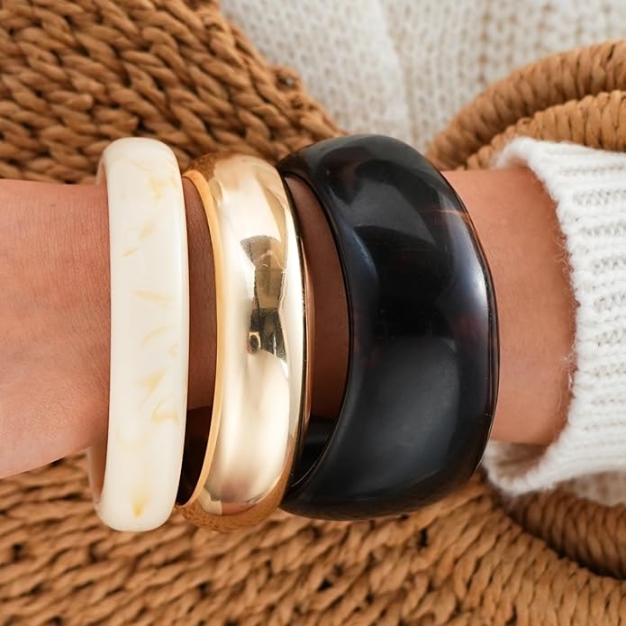 FAXHION Chunky Resin Acrylic Bangle Bracelets for Women, Colorful Wide Geometric Bangles Set, Statement Stackable Bracelet Jewelry Gift